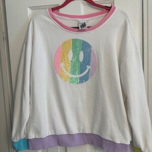 Queen of Sparkles White and Patel Rainbow Smiley Face Sequin Sweatshirt